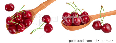 red sweet cherry in wooden bowl isolated on white background with full depth of field, Top view. Flat lay red sweet cherry in wooden bowl isolated on white background with full depth of field, Top view. Flat lay 139448087