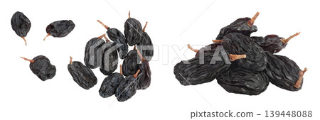 Black raisin isolated on white background . Top view. Flat lay Black raisin isolated on white background . Top view. Flat lay 139448088