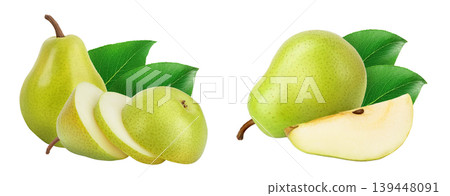 Green pear fruit slices isolated on white background with full depth of field Green pear fruit slices isolated on white background with full depth of field 139448091