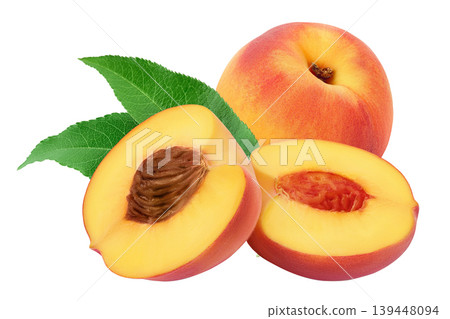 Ripe peach fruit half isolated on white background with full depth of field Ripe peach fruit half isolated on white background with full depth of field 139448094