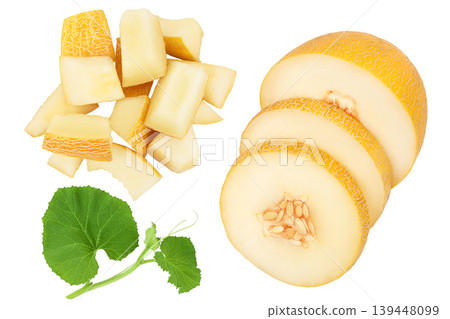 Melon diced isolated on white background with full depth of field. Top view. Flat lay Melon diced isolated on white background with full depth of field. Top view. Flat lay 139448099