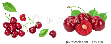 red sweet cherry isolated on white background. Top view with copy space for your text. Flat lay 139448100