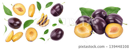 fresh purple plum and half isolated on white background with copy spase for your text. Top view. Flat lay 139448108