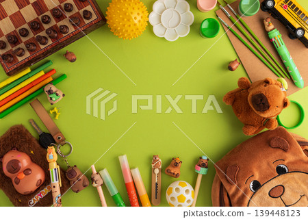 Playful School Capybara Themed Supplies Flat Lay 139448123