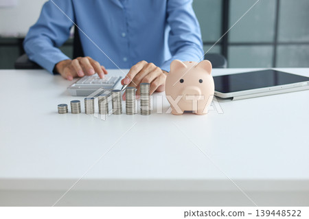 Growing money stacks and piggy bank symbolizing economic growth and stability. Growing money stacks and piggy bank symbolizing economic growth and stability. 139448522