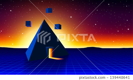 Surreal retrowave or synthwave pyramid with glowing entrance portal and floating cubes on neon grid landscape Surreal retrowave or synthwave pyramid with glowing entrance portal and floating cubes on neon grid landscape 139448641