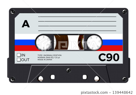 Cassette with retro label as Russia flag, vintage object for 80s revival mix tape design Cassette with retro label as Russia flag, vintage object for 80s revival mix tape design 139448642