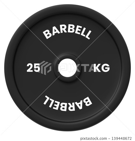 A black 25 kg weightlifting disc with the inscription "BARBELL." A black 25 kg weightlifting disc with the inscription "BARBELL." 139448672
