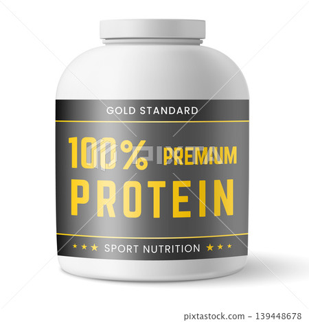 A mockup icon of a white plastic jar with a black and yellow label reading "100 Premium Protein." A mockup icon of a white plastic jar with a black and yellow label reading "100 Premium Protein." 139448678