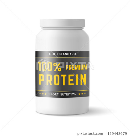 White plastic bottle with Premium protein label gold standard, sport nutrition, 3D realistic container vector mockup White plastic bottle with Premium protein label gold standard, sport nutrition, 3D realistic container vector mockup 139448679