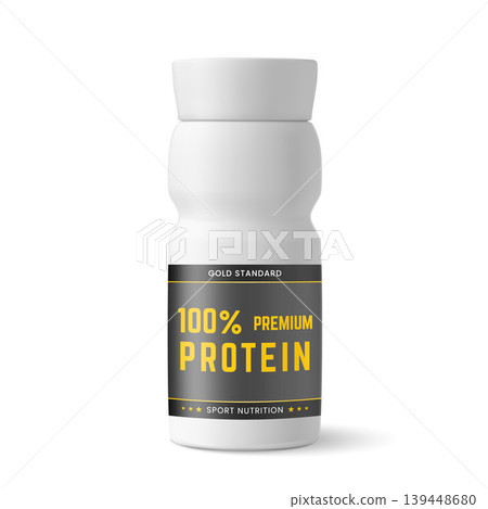 White plastic bottle with gold standard supplement sport nutrition, 3D realistic premium protein container vector mockup White plastic bottle with gold standard supplement sport nutrition, 3D realistic premium protein container vector mockup 139448680