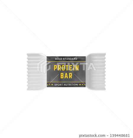 A realistic mockup of a white wrapper with a black and yellow label and the words "Protein Bar." A realistic mockup of a white wrapper with a black and yellow label and the words "Protein Bar." 139448681