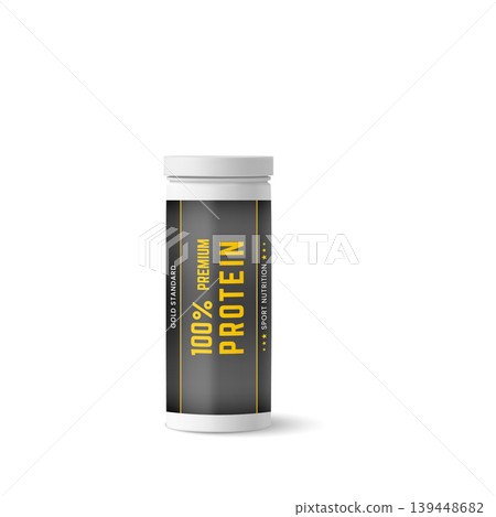 White plastic bottle with gold standard sport nutrition label, realistic premium protein container vector 3D mockup White plastic bottle with gold standard sport nutrition label, realistic premium protein container vector 3D mockup 139448682