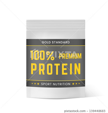 White zip bag 3D vector mockup, plastic bag with Premium protein label, gold standard sport nutrition supplement product White zip bag 3D vector mockup, plastic bag with Premium protein label, gold standard sport nutrition supplement product 139448683