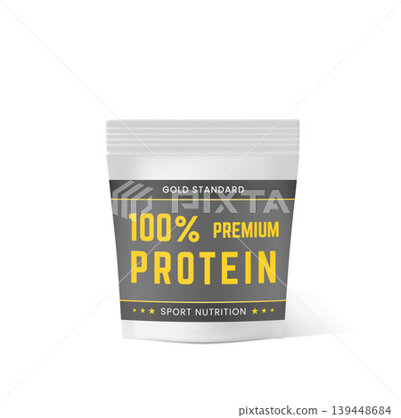 White zip bag, paper or plastic bag with black label, gold standard sport nutrition, premium protein 3D vector mockup White zip bag, paper or plastic bag with black label, gold standard sport nutrition, premium protein 3D vector mockup 139448684