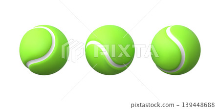 Tennis ball realistic 3D vector icons set, sport equipment for lawn tennis game, green small ball with white curve lines Tennis ball realistic 3D vector icons set, sport equipment for lawn tennis game, green small ball with white curve lines 139448688