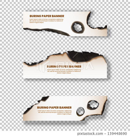A set of horizontal pieces of burnt paper with jagged edges, ash, burn marks, and holes. 139448690