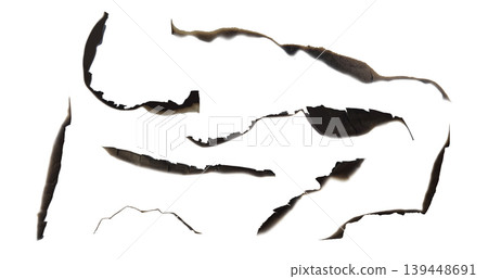 Paper burnt strokes different shapes realistic vector set, charred overlay paper side with ash, fire scorched edge Paper burnt strokes different shapes realistic vector set, charred overlay paper side with ash, fire scorched edge 139448691