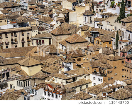 Aerial View Of Historic Mediterranean Town Rooftops With Terracotta Tiles And Dense Architecture, Granada 139448700