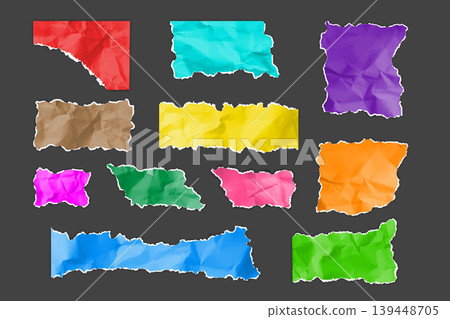 Colorful crumpled torn paper strips, torn sheet of page fragment, realistic wrinkled scraps with jagged edges vector set Colorful crumpled torn paper strips, torn sheet of page fragment, realistic wrinkled scraps with jagged edges vector set 139448705