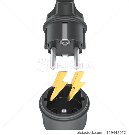 Electric plug and socket with lightning bolts, 3d rendering 139448952