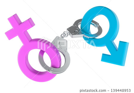 Female and male gender symbols locked together with metal handcuffs. Toxic relationship and dependency, concept. 3d rendering Female and male gender symbols locked together with metal handcuffs. Toxic relationship and dependency, concept. 3d rendering 139448953