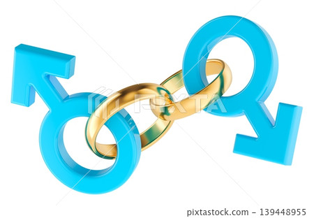 Gay marriage, concept. Male gender symbols with wedding rings. 3d rendering Gay marriage, concept. Male gender symbols with wedding rings. 3d rendering 139448955
