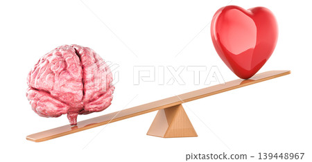Balance between logic and emotion. Brain and red heart on seesaw, 3d rendering 139448967