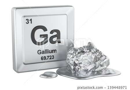 Gallium element periodic table tile with gallium sample. 3d rendering 139448971