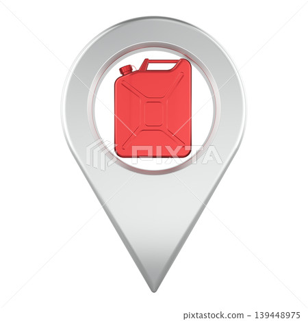 Location pin with red jerrycan. Gas station locator and fuel search concept, 3D rendering 139448975