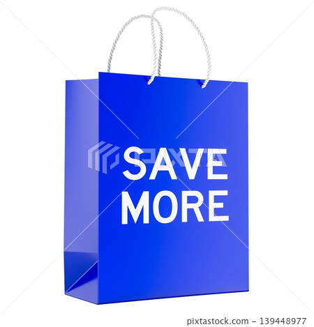 Save More, blue shopping bag. 3D rendering Save More, blue shopping bag. 3D rendering 139448977