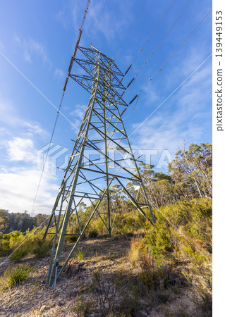 An electrical transmission tower located in a large forest An electrical transmission tower located in a large forest 139449153