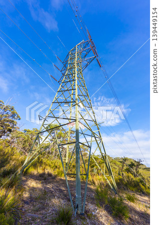 An electrical transmission tower located in a large forest An electrical transmission tower located in a large forest 139449154