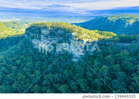 Aerial view of a large rock face near Victoria Pass in the Blue Mountains 139449185
