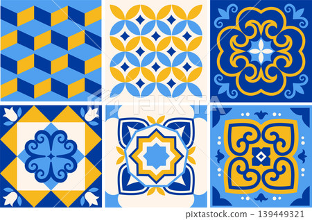 Traditional Azulejo Portuguese tile patterns collection. Ornamental Mediterranean ceramic set 139449321