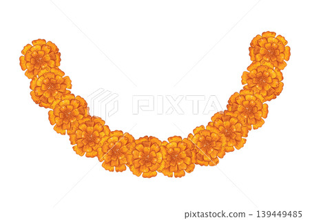 A garland of yellow marigold flowers. Hand-drawn watercolor illustration, cartoon. Suitable for invitations, posters, cards, or prints. Indian, holiday, plants A garland of yellow marigold flowers. Hand-drawn watercolor illustration, cartoon. Suitable for invitations, posters, cards, or prints. Indian, holiday, plants 139449485