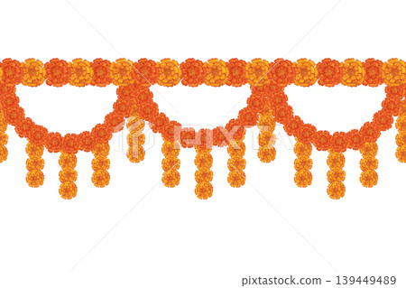 Seamless border of marigold flower garlands. Hand-drawn watercolor illustration, cartoon. Design for invitations, posters, cards, or prints. Indian, holiday, plants, flowers 139449489