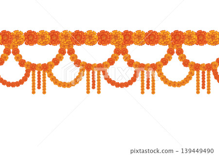 A seamless border of semicircular garlands of marigold flowers. Hand-drawn watercolor illustration, cartoon. Design suitable for invitations, posters, cards, or prints. Indian, holiday, plants A seamless border of semicircular garlands of marigold flowers. Hand-drawn watercolor illustration, cartoon. Design suitable for invitations, posters, cards, or prints. Indian, holiday, plants 139449490