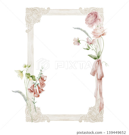 Watercolor ornate oval baroque frame with pink ranunculus peony foxglove strawberry and dusty bow isolated. 139449652