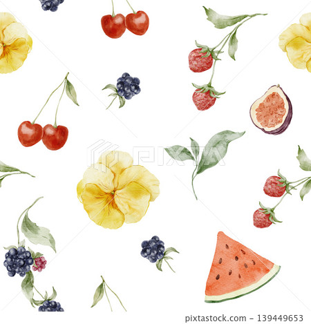 Watercolor seamless pattern with summer berries pansy flowers cherry strawberry blackberry watermelon on white. 139449653