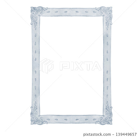Hand painted watercolor blue rococo baroque ornate rectangular frame with corner scrolls isolated on white. Illustration for design, print, fabric, background. Hand painted watercolor blue rococo baroque ornate rectangular frame with corner scrolls isolated on white. Illustration for design, print, fabric, background. 139449657