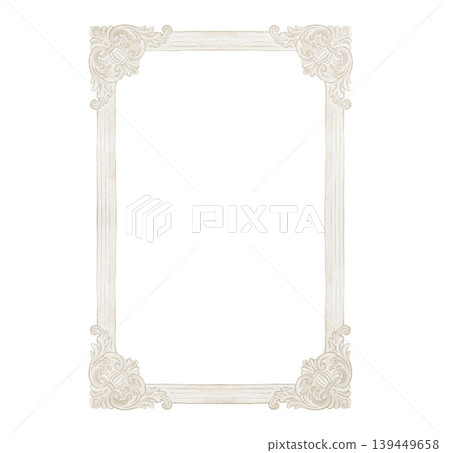 Hand painted watercolor beige white rococo baroque ornate rectangular frame with floral corners isolated. Illustration for design, print, fabric, background. Hand painted watercolor beige white rococo baroque ornate rectangular frame with floral corners isolated. Illustration for design, print, fabric, background. 139449658
