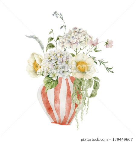 Hand painted watercolor garden bouquet with white hydrangeas peonies and wildflowers in striped red vase. Floral Illustration for design, print, fabric, background. Hand painted watercolor garden bouquet with white hydrangeas peonies and wildflowers in striped red vase. Floral Illustration for design, print, fabric, background. 139449667