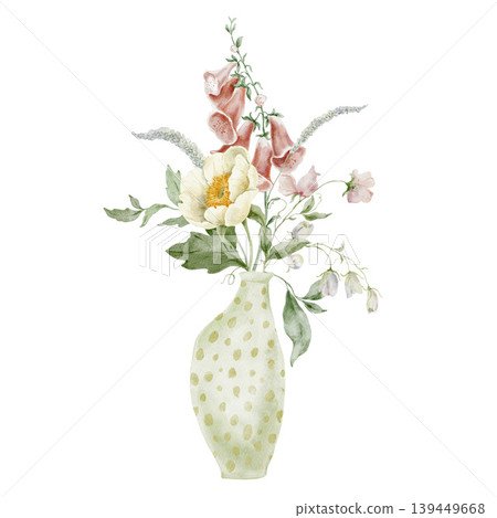 Hand painted watercolor garden bouquet with white peony forget-me-not sweet pea bellflowers isolated on white. Floral Illustration for design, print, fabric, background. Hand painted watercolor garden bouquet with white peony forget-me-not sweet pea bellflowers isolated on white. Floral Illustration for design, print, fabric, background. 139449668