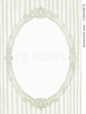 Watercolor sage green stripe background with rococo baroque ornate oval frame and copy space. Illustration for design, print, fabric, background. Watercolor sage green stripe background with rococo baroque ornate oval frame and copy space. Illustration for design, print, fabric, background. 139449672