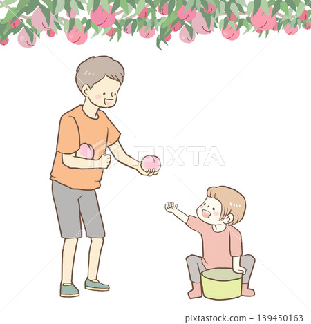 兩個人正在享受採摘桃子的樂趣 兩個人正在享受採摘桃子的樂趣 139450163