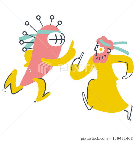 A fast-paced illustration depicting an AI and an Arab man running side-by-side, striving for global competition and goal achievement. A fast-paced illustration depicting an AI and an Arab man running side-by-side, striving for global competition and goal achievement. 139451408