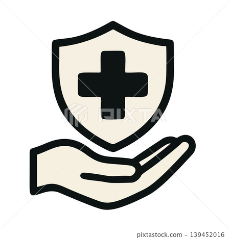 Simple Outline Handdrawn Shield with Cross and Open Palm Underneath Concept Simple Outline Handdrawn Shield with Cross and Open Palm Underneath Concept 139452016