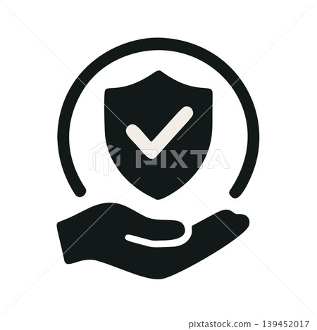 Modern Flat Icon Representing Security and Protection with a Shield and Checkmark inside a Circle above a Caring Hand 139452017