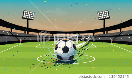 Soccer tournament celebration banner with spinning ball at the middle of stadium have blank space. Soccer tournament celebration banner with spinning ball at the middle of stadium have blank space. 139452345